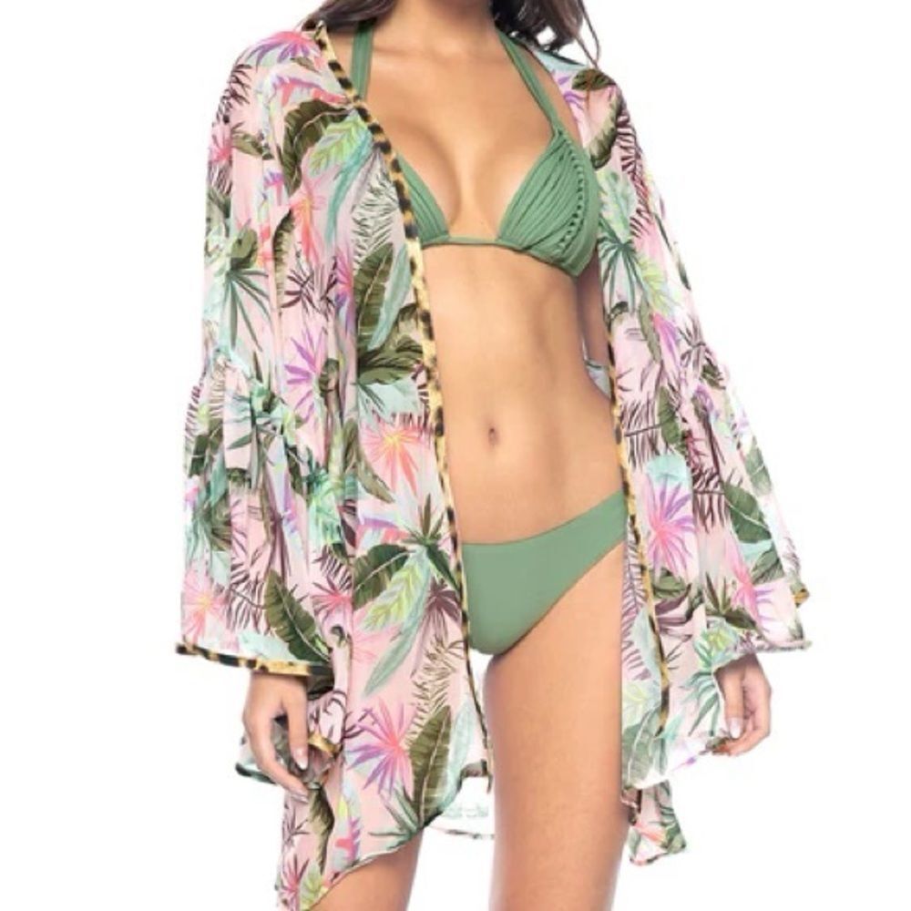 PQ Swim Pily Q Stella Pink Tropical Open Front Beach Bell Sleeve Kimono